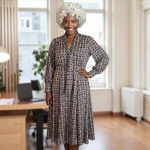 INC Geometric Print Belted Midi Dress Brown/Black Sz L